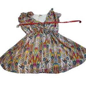 Pinky Womens Dress Lg Peacock Feather Print Cap Sleeve Boho A Line Elastic Waist